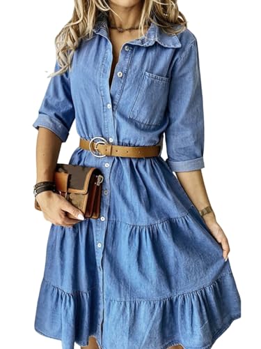 Womens Button Down Denim Dress Casual Loose Fit Cuffed Sleeve Ruffled Jean Dresses for Women 2025(no Belt)