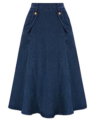 Women's Denim Skirts Vintage Elastic High Waist A-Line Long Maxi Jean Skirts with Pockets