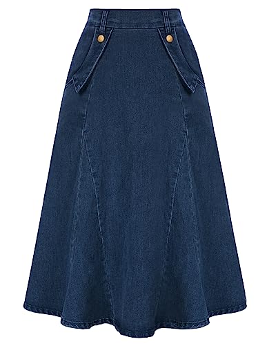 41kXBNaNQIL.jpg Women's Denim Skirts Vintage Elastic High Waist A-Line Long Maxi Jean Skirts with Pockets