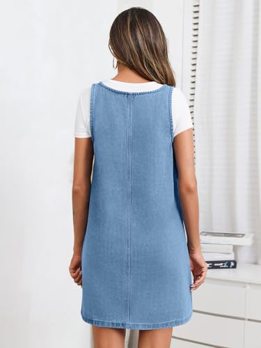 41kbqItWnwL.jpg Women's Sleeveless Casual Denim Dress Crewneck Vintage Loose Jean Overall Dress with Pockets