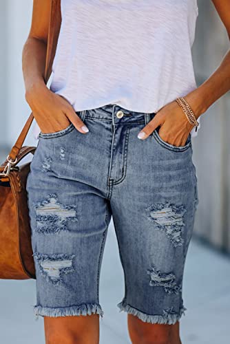 41kxOvOImpL.jpg Women's Ripped Mid-Rise Denim Bermuda Shorts Frayed Raw Hem Stretch Jean Shorts