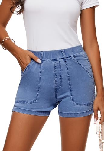41lHTA4AI5L.jpg Womens Jean Shorts High Waisted Summer Cotton Stretchy Casual Pull On Beach Elastic Waist Denim Shorts with Pockets