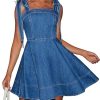 41lIz5rxCfL.jpg Denim Dress for Women Tie Shoulder Straps Sleeveless Backless Ruffle A Line Swing Babydoll Mini Jean Dresses