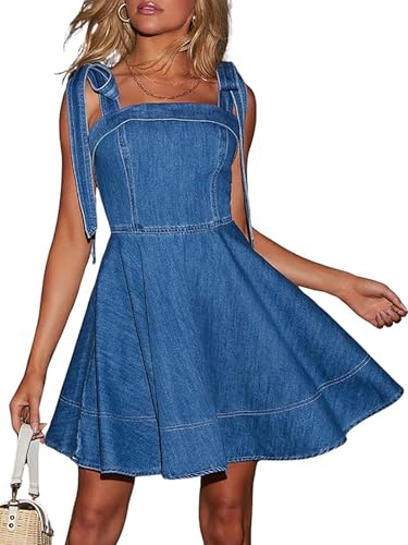 41lIz5rxCfL.jpg Denim Dress for Women Tie Shoulder Straps Sleeveless Backless Ruffle A Line Swing Babydoll Mini Jean Dresses
