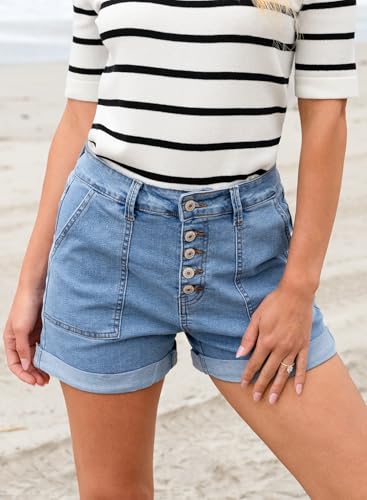 Womens Jean Shorts High Waisted Stretchy Buttoned Folded Hem Zimbaplatinum Denim Shorts