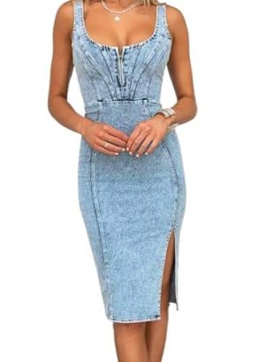 41ldoHUBVCL.jpg Denim Dress for Women Sleeveless Side Slit Bodycon Midi Jean Dresses for Women 2025