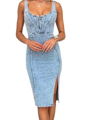 41ldoHUBVCL.jpg Denim Dress for Women Sleeveless Side Slit Bodycon Midi Jean Dresses for Women 2025