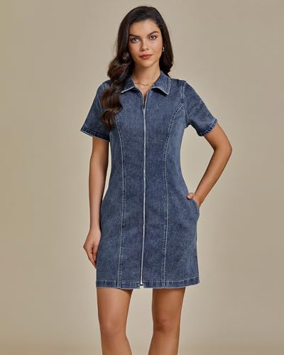 41lkGDnAKiL.jpg Denim Dresses for Women Summer Casual Zip Up Short Sleeve Western Short Stretchy Jean Dress with Pockets
