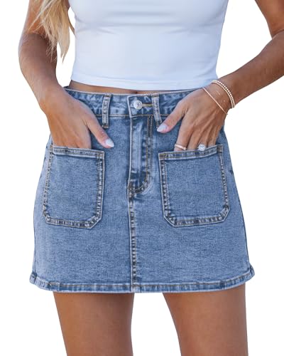 41loNX1A7UL.jpg Jean Skorts for Woman Trendy High Waisted Stretchy Denim Skirt with Shorts Casual Patch Pocket Mini Skort Skirts