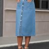 Women's Denim Skirt Button Down Front High Waist Pockets Midi Jean Skirts