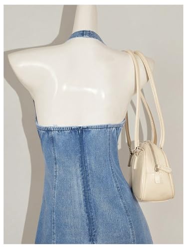 41mFzRMWkL.jpg Women's Bow Halter Mini Jean Dress Lace Trim Sleeveless Backless Denim Dresses