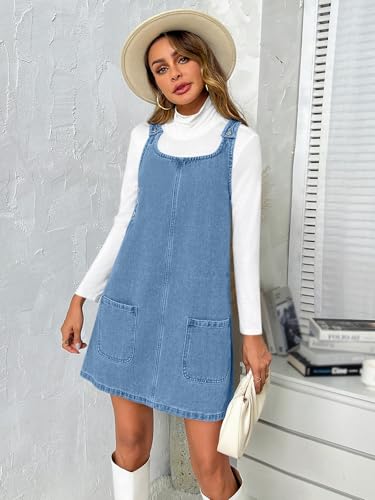 41mJRZvfX2L.jpg Women's Sleeveless Casual Denim Dress Crewneck Vintage Loose Jean Overall Dress with Pockets