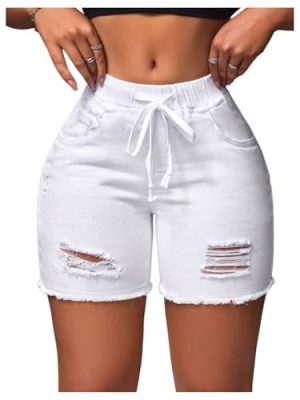 Women's Ripped Jeans Drawstring Elastic Waist Skinny Denim Shorts Summer Short Pants