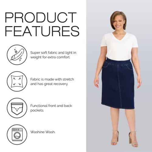 41meF72lywL.jpg Pull On Knit Denim Skirt for Women - Easy to Put On & Take Off Jean Skirt - Skirt w/Pockets & Comfort Waist Band