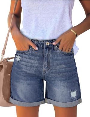 Women's Casual Ripped Denim Shorts High Rise Distressed Rolled Hem Jeans Shorts