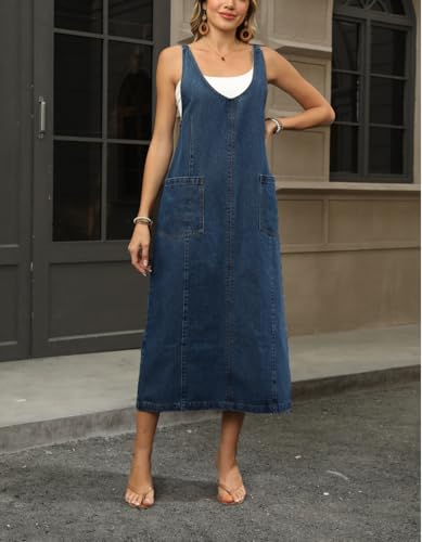 41mvZwnc-pL.jpg Women's V Neck Sleeveless Denim Overall Dress Adjustable Strap Vintage Back Slit Midi Jean Dress with Pockets