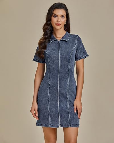 41n-6j5VdL.jpg Denim Dresses for Women Summer Casual Zip Up Short Sleeve Western Short Stretchy Jean Dress with Pockets