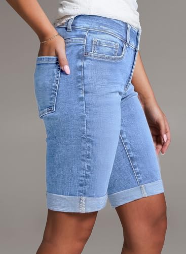 Women's Jean Shorts High Waisted Stretchy Bermuda Folded Hem Denim Summer Shorts