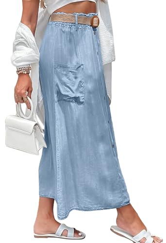 41nIBgJgJBL.jpg Women Summer Elastic Waist Flowy Tencel Denim Maxi Skirt A Line Button Ruffle Cargo Long Jean Skirt Boho Lightweight