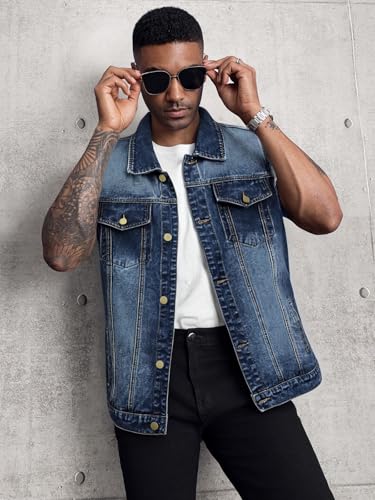 41nKHDrJL.jpg Men's Denim Vest Sleeveless Ripped Slim fit Distressed Jean Jacket