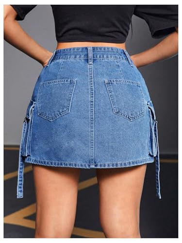 Women's Denim Skirt Button Y2k Mini Cargo Jean Skirts with Flap Pocket