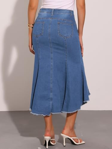 41nOPlc7XL.jpg Women's Washed Fishtail Denim Skirt High Waist Raw Hem Fashion Casual Midi Jean Skirts with Pockets