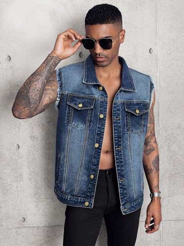 41nRIRkBo-L.jpg Men's Denim Vest Sleeveless Ripped Slim fit Distressed Jean Jacket