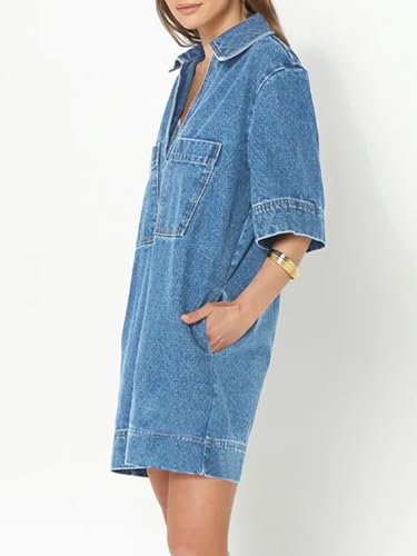 41neZv-kBeL.jpg Womens Denim Shirt Dress Summer Collared V Neck Mini Casual Jean Dresses with Pockets