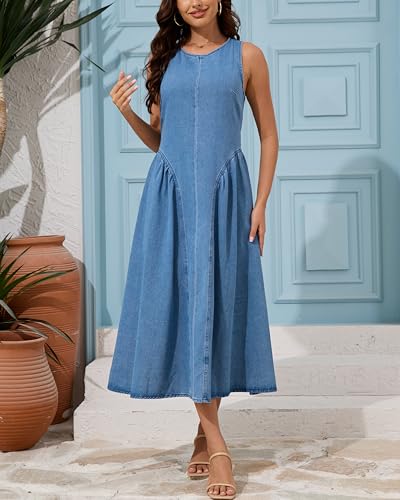 41nioUUsHDL.jpg Women's Sleeveless Backless Denim Maxi Dress Casual A Line Cut Out Long Flowy Jean Tank Dress