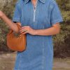 Women’s Denim Mini Dress Short Sleeve Summer Casual Half Zip Polo Neck Short Jean Dress