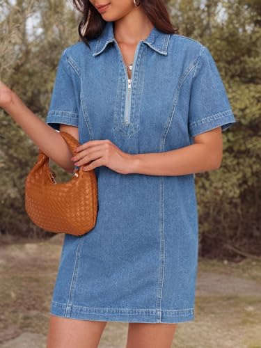 Women’s Denim Mini Dress Short Sleeve Summer Casual Half Zip Polo Neck Short Jean Dress