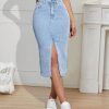 41nznD2U8SL.jpg High Waisted Front Split Midi Denim Skirt Casual Stretch Knee Length A line Jean Skirt for Women