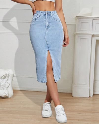 41nznD2U8SL.jpg High Waisted Front Split Midi Denim Skirt Casual Stretch Knee Length A line Jean Skirt for Women