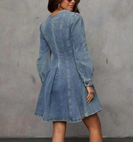 41oGTQy6jYL.jpg Women's Denim Dress Long Sleeve Crewneck A Line Swing Ruffle Casual Mini Babydoll Jean Dresses