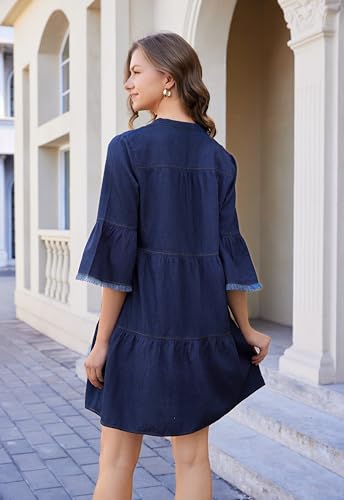 41ofEbtLgOL.jpg Women's Denim Dress V Neck Tiered Jean Dress Flowy Babydoll Dresses