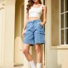 41ollQCgNSL.jpg Bermuda Cargo Denim Shorts for Women Knee Length 6 Pockets Elastic Waist Long Jorts for Summer Casual
