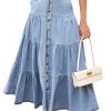 Women Western Elastic High Waisted A Line Long Denim Skirt Button Ruffle Tiered Jean Maxi Skirt Patchwork Pocket Y2k