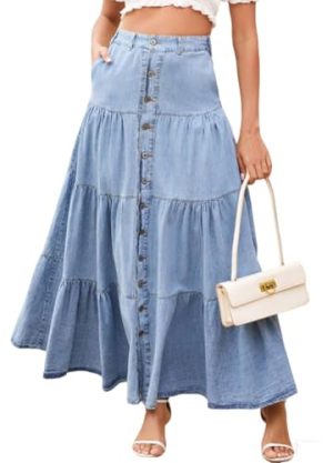 Women Western Elastic High Waisted A Line Long Denim Skirt Button Ruffle Tiered Jean Maxi Skirt Patchwork Pocket Y2k