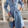 41p4FfDe84L.jpg Women's 2025 Long Sleeve Belted Denim Shirt Dress A-Line Business Casual Midi Long Denim Coat