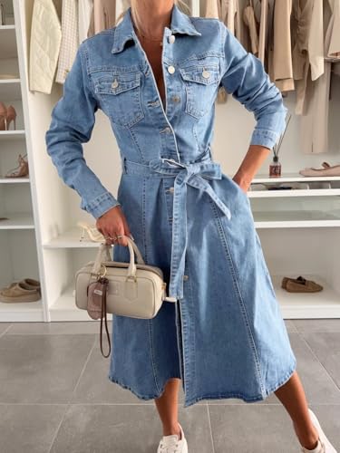 41p4FfDe84L.jpg Women's 2025 Long Sleeve Belted Denim Shirt Dress A-Line Business Casual Midi Long Denim Coat