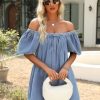 Denim Dress for Women, Puff Short Sleeve Jean Dress Square Neck Denim Romper with Pockets