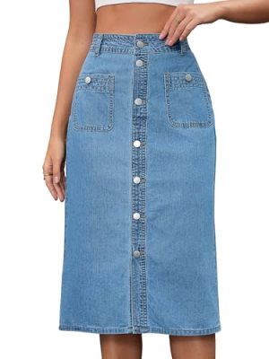 Women's Denim Skirt Button Down Front High Waist Pockets Midi Jean Skirts
