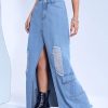 Ripped Raw Hem Flap Pocket Split Thigh Denim Skirt - Women's Loose Maxi Slit Skirt (Color : Light Wash, Size : 26)