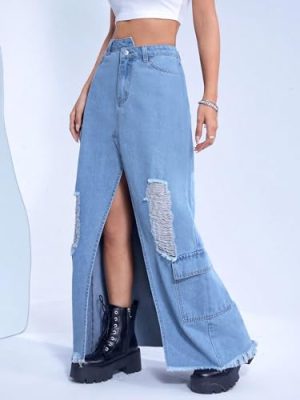 Ripped Raw Hem Flap Pocket Split Thigh Denim Skirt - Women's Loose Maxi Slit Skirt (Color : Light Wash, Size : 26)