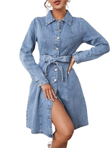 41pdiVpMEDL.jpg Women's Denim Dresses Long Sleeve Button Down Midi Jean Dress