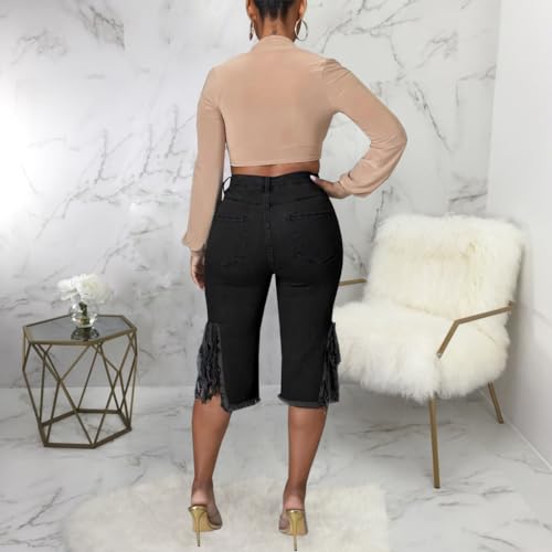 41pwRNdIdaL.jpg Womens Ripped Jean Shorts High Waisted Stretchy Frayed Distressed Raw Hem Tassels Denim Bermuda Shorts