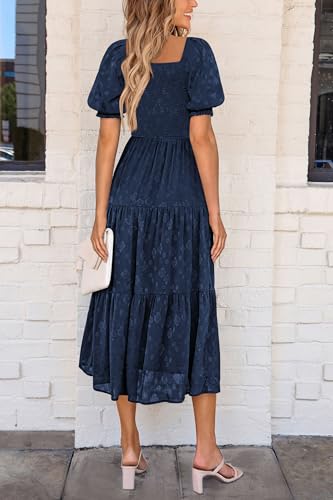 41q3upRqK3L.jpg Women's 2025 Summer Casual Midi Dresses Square Neck Short Sleeve Smocked A Line Floral Flowy Elegant Boho Dress