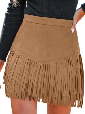 41qCsWkQo0L.jpg Women Fringe Skirts Western Cowgirl Terra Cotta High Waist Mini Skirt Suede Tassel Short Counrty Concert