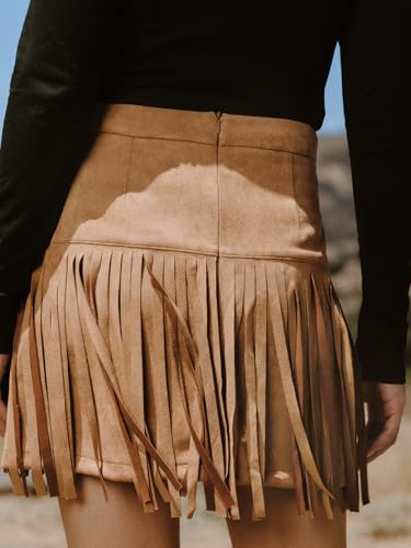 41qGhlG8H7L.jpg Women Fringe Skirts Western Cowgirl Terra Cotta High Waist Mini Skirt Suede Tassel Short Counrty Concert