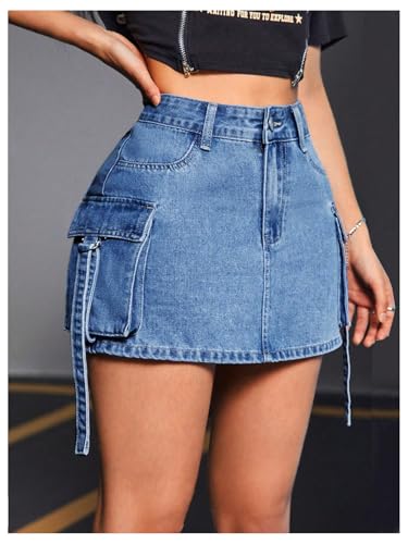Women's Denim Skirt Button Y2k Mini Cargo Jean Skirts with Flap Pocket